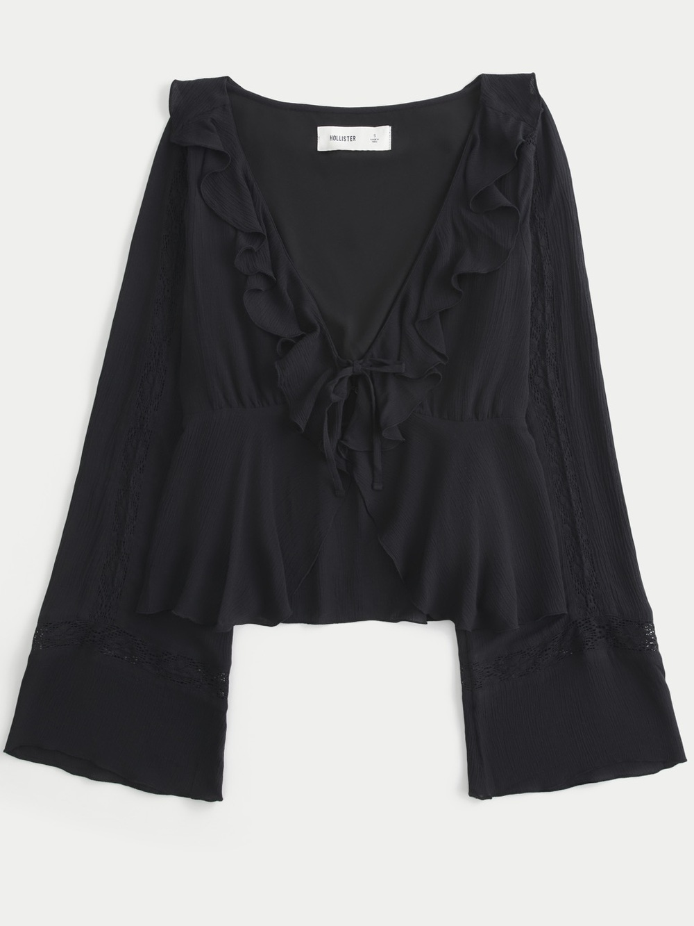 Hollister Black Easy Sleeve Ruffle Baby Doll Lace Paneled Tie Front Top Small View 5